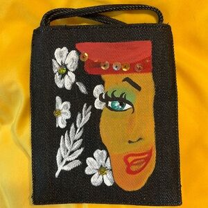 Wrist purse black denim hand painted pouch